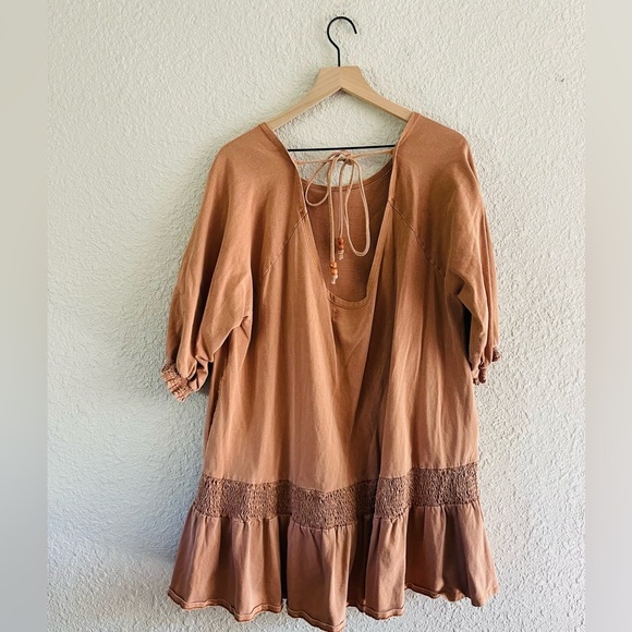 Free People Beach Tan / camel Brown Drop Waist Tunic Mini Dress Swim Cover - Picture 2 of 13